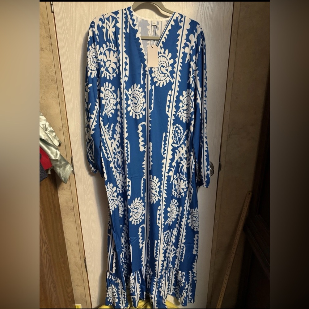 Blue and White Printed Maxi Dress - Relaxed V-Neck Style